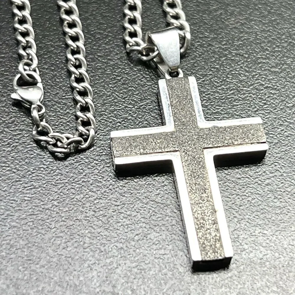 Cross Necklace- Black & Silver Tone 24” Chain- Lobster Claw Clasp